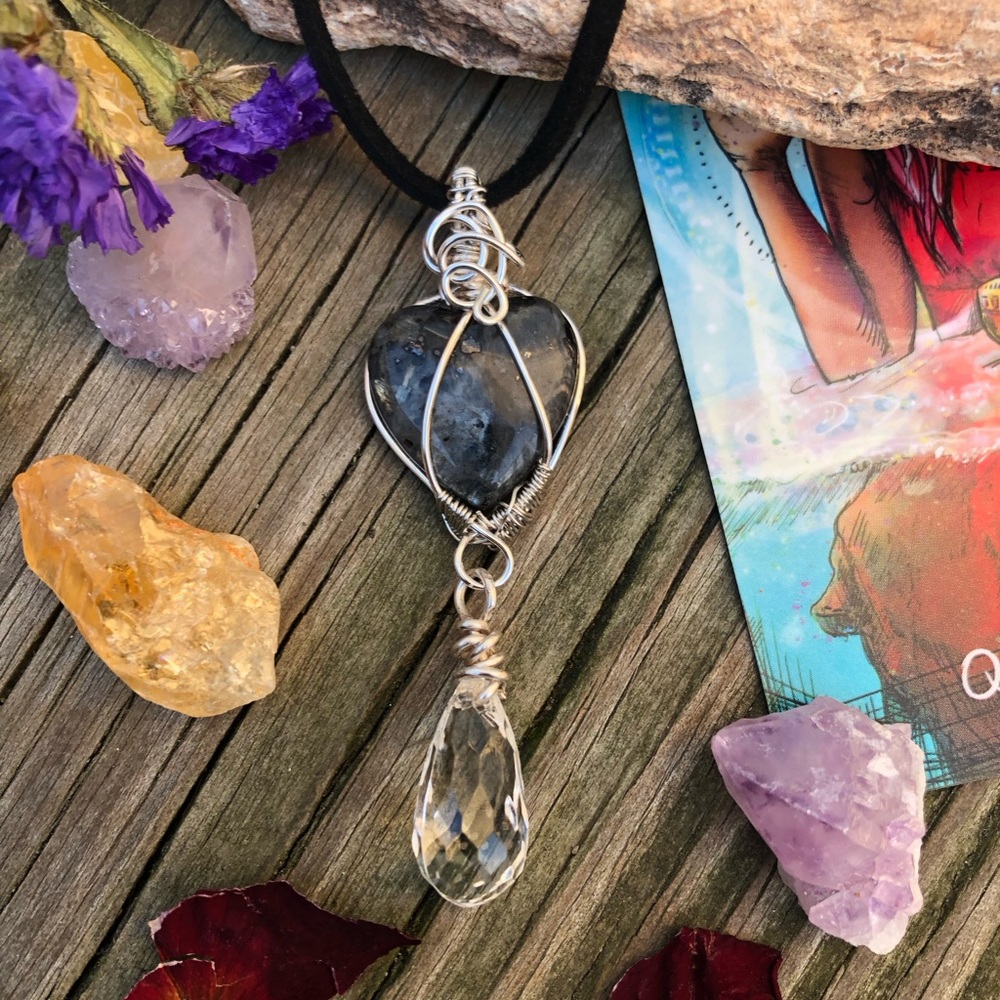 Hand Wire Wrapped Larvikite Heart Dangle Pendant Necklace